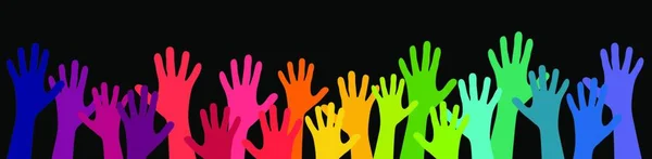 Ilustração Muitas Pessoas Coloridas Esticar Mãos Para Cima Simbolizando Cooperação — Vetor de Stock