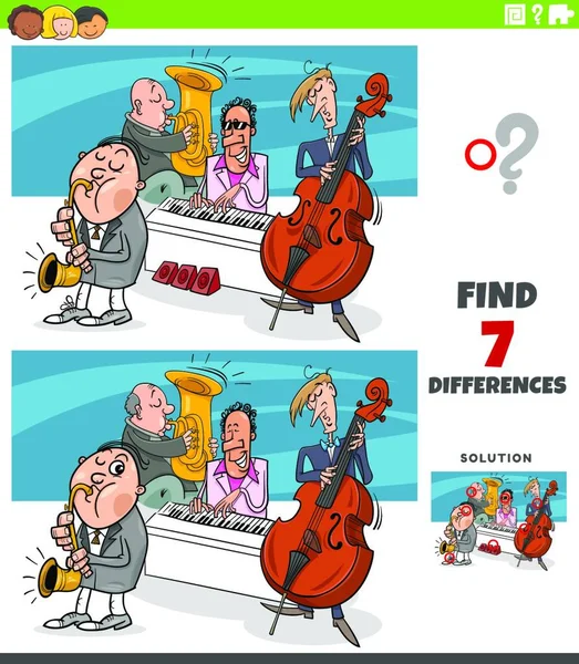 具有喜剧爵士乐队音乐家的儿童图片教育游戏差异的卡通图解 — 图库矢量图片