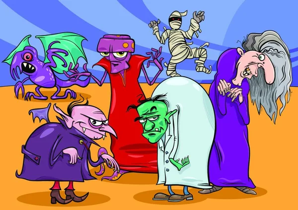 Ilustración Dibujos Animados Monstruos Fantasía Personajes Sustos Grupo — Vector de stock