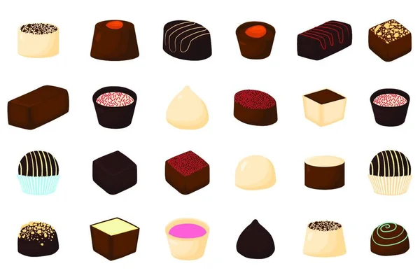美丽的大集五颜六色的巧克力甜点从糖果 由牛奶巧克力组成的糖果包括甜酿牛轧糖 巧克力糖果收集不同形状和种类出美味的食物 — 图库矢量图片