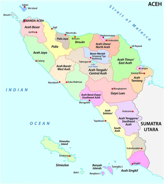 Διοικητικός Διανυσματικός Χάρτης Της Ινδονησιακής Επαρχίας Aceh Sumatra Ινδονησία — Διανυσματικό Αρχείο