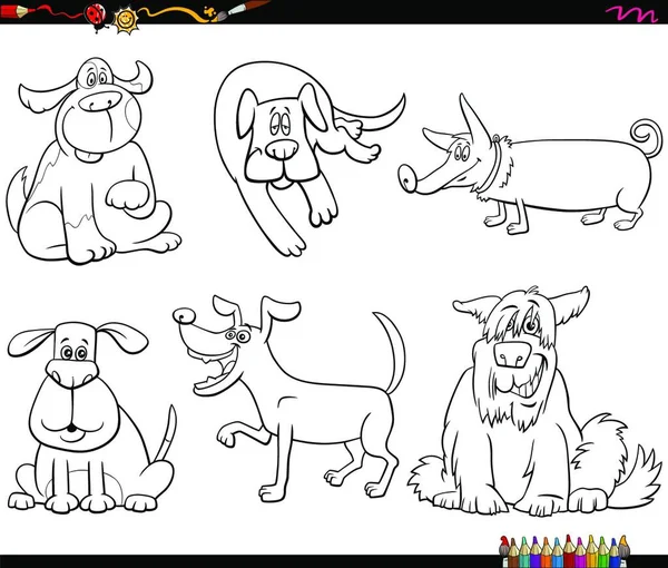 Desenhos Animados Preto Branco Ilustração Cães Engraçados Personagens Animais Quadrinhos —  Vetores de Stock