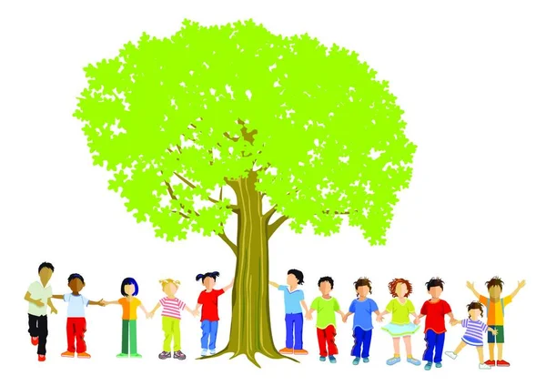 Niños Felices Juntos Bajo Árbol — Vector de stock