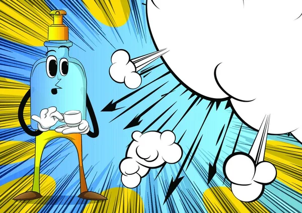 Karikatur Flasche Händedesinfektionsgel Für Hygiene Mit Gesicht Hält Eine Tasse — Stockvektor