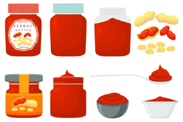 Illustration Zum Thema Große Farbige Set Verschiedene Arten Erdnussbutter Gläser — Stockvektor