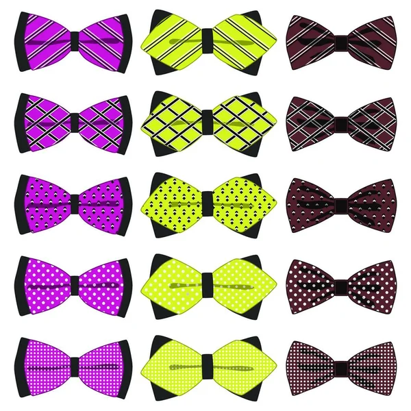 插图上的主题大彩带不同类型 领结大小不同 丝带图案由集纺织服装领结组成 弓领带是配件有趣的人在丝带 — 图库矢量图片