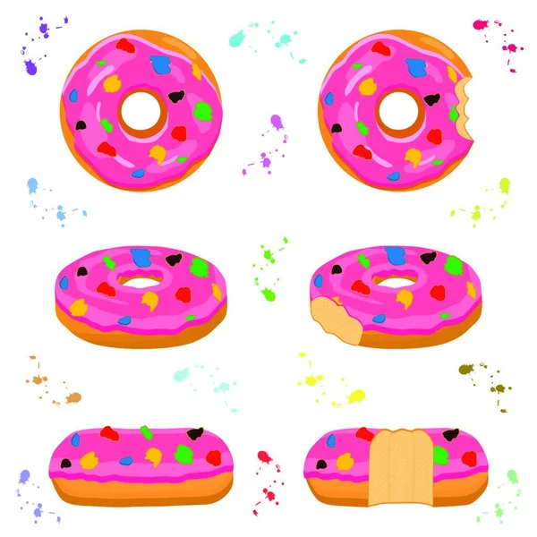 Ilustración Sobre Tema Conjunto Grande Diferentes Tipos Donas Pegajosas Donas — Vector de stock