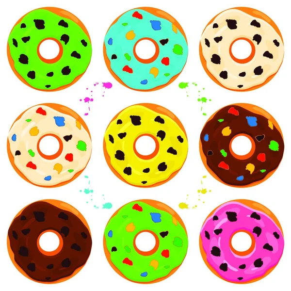 Illustration Theme Big Set Different Types Sticky Donuts Sweet Doughnuts — Stock Vector