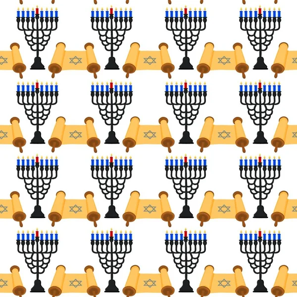 Ilustração Sobre Tema Grande Padrão Colorido Hanukkah Menorah Conjunto Sem —  Vetores de Stock