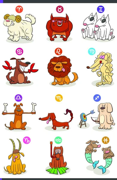 Tecknad Illustration Horoskop Zodiac Tecken Med Comic Dogs Set — Stock vektor
