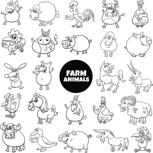 Fekete Fehér Rajzfilm Illusztráció Képregény Farm Állat Karakterek Big Set — Stock Vector