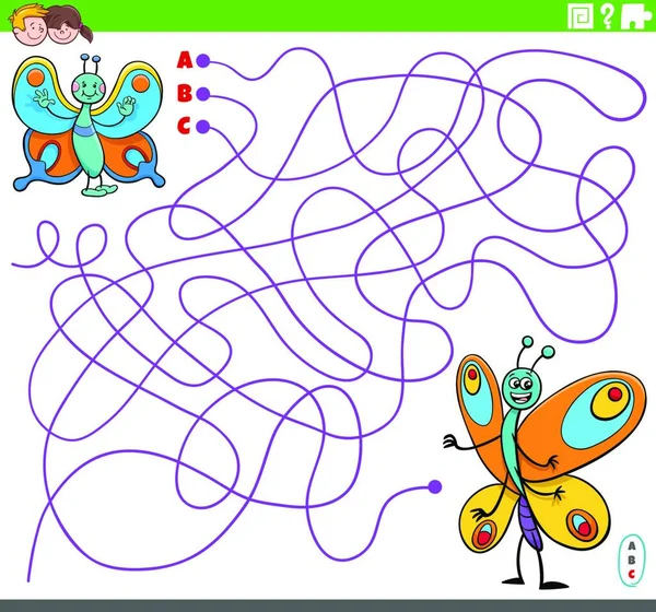 Karikatura Ilustrace Linií Bludiště Puzzle Hra Motýlí Znaky — Stockový vektor