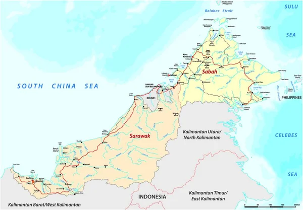 Malezya Nın Sarawak Sabah Eyaletlerinin Borneo Malezya Adasındaki Vektör Yol — Stok Vektör