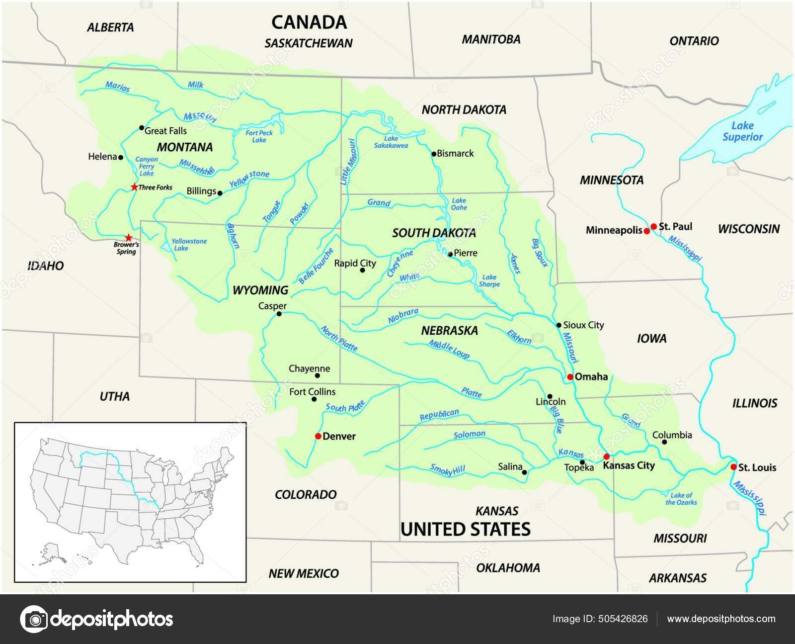 Map of Missouri with Lakes and Rivers. Stock Vector - Illustration of  border, lake: 117757672, image size:1600x1295