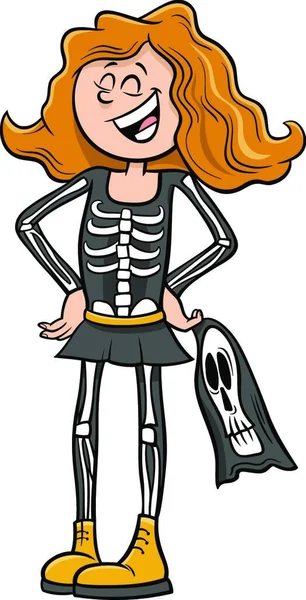 Tecknad Illustration Flicka Skelett Kostym Halloween Party Eller Maskerad Boll — Stock vektor