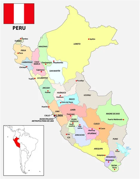 Mapa Vetorial Divisões Administrativas Peru Com Bandeira —  Vetores de Stock