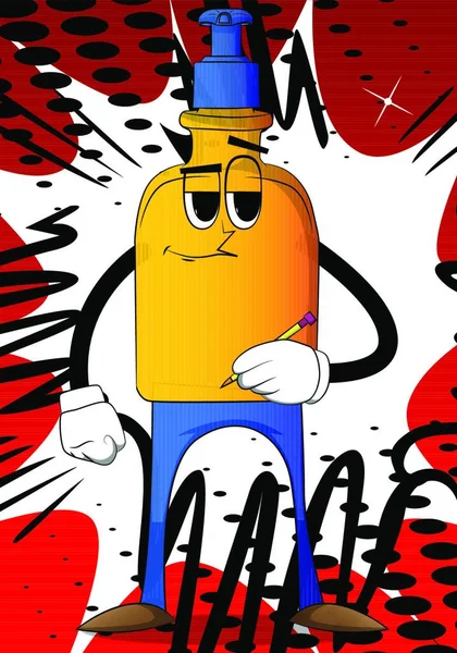 Cartoon Flasche Händedesinfektionsgel Für Hygiene Mit Gesichtsbeschriftung Mit Bleistift — Stockvektor