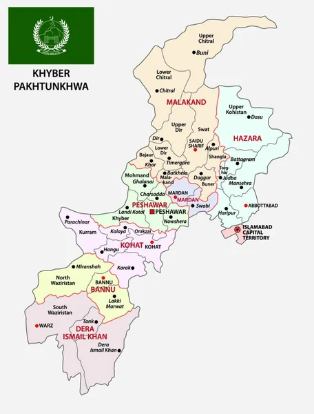 Pakistan Hayber Pakhtunkhwa Eyaletinin Bayrak Taşıyan Idari Vektör Haritası — Stok Vektör