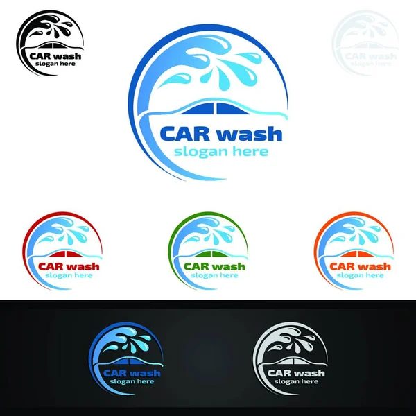 Car Wash Logo Met Auto Silhouet Water Splash Vector Logo — Stockvector