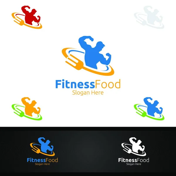 Fitness Food Logo Template Design Vettoriale Organico Nutrizione Supplemento Forchetta — Vettoriale Stock