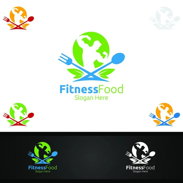 Шаблон Логотипа Fitness Food Органический Векторный Дизайн Питания Дополнения Вилки — стоковый вектор