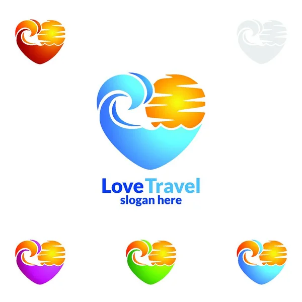 Resor Och Turism Logotypen Med Kärlek Havet Och Stranden — Stock vektor