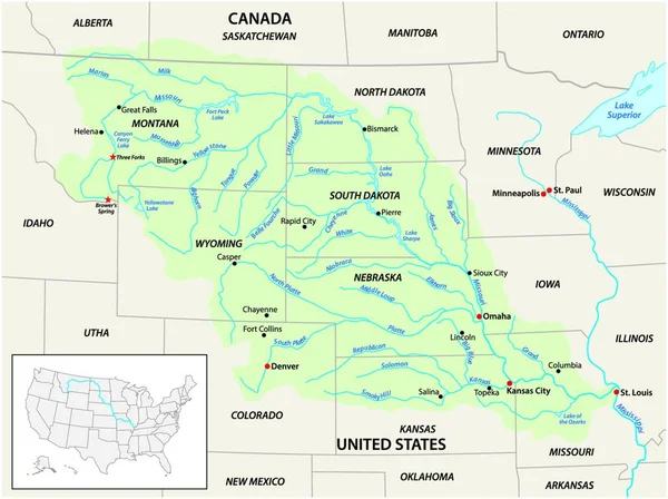 Vector Map Missouri River Drainage Basin Ηνωμένες Πολιτείες Καναδάς — Διανυσματικό Αρχείο