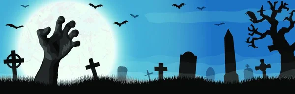Zombi Mano Frente Luna Llena Con Aterradores Elementos Ilustrados Cementerio — Vector de stock