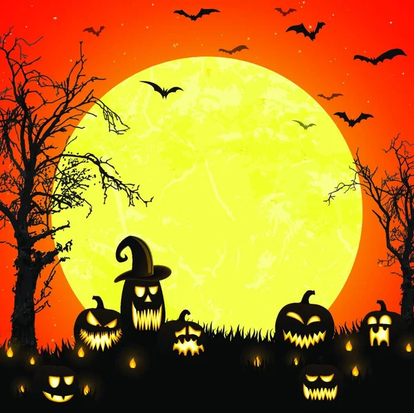Assustador Halloween Árvore Morta Com Algumas Abóboras Assustadoras Frente Uma —  Vetores de Stock