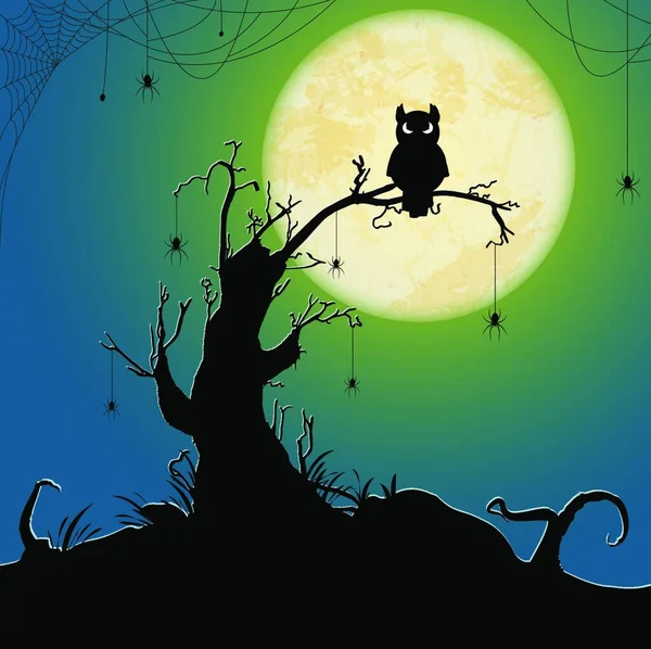 Assustador Escuro Coruja Sentado Uma Árvore Morta Frente Uma Lua —  Vetores de Stock