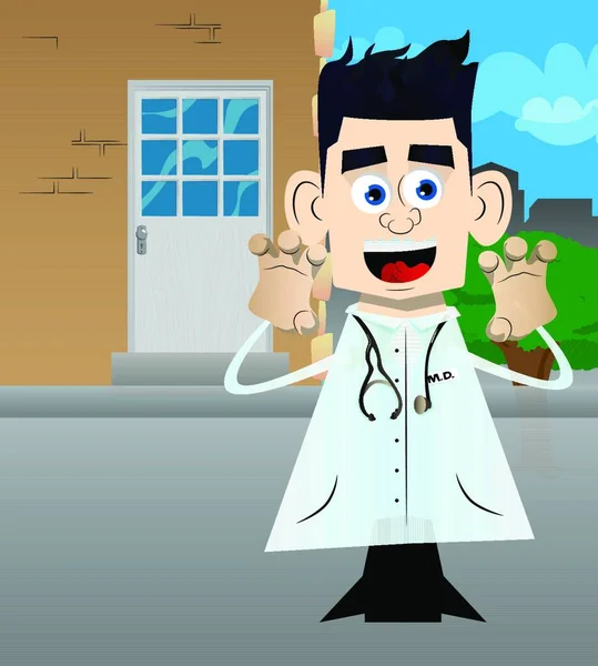 Zabawny Kreskówkowy Lekarz Próbuje Cię Przestraszyć Ilustracja Wektora — Wektor stockowy