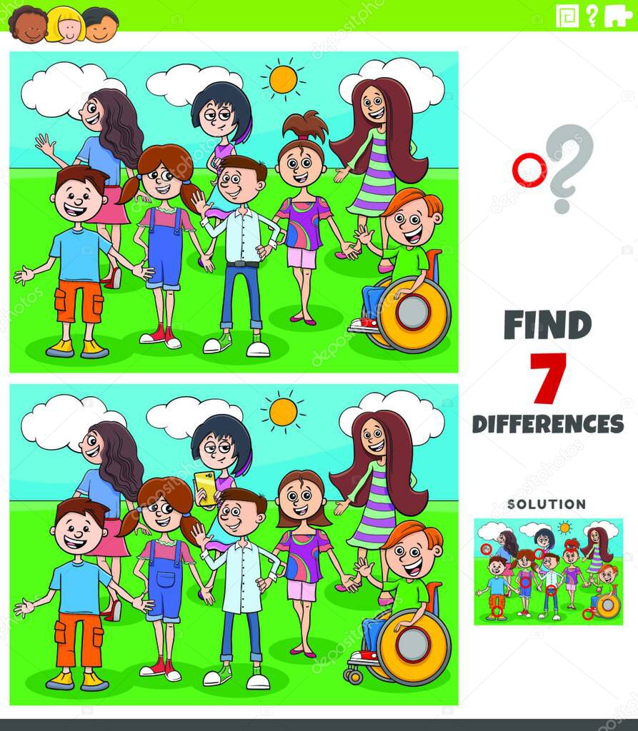 Cartoon Illustration of Finding Differences Between Pictures Educational Game for Children with Comic Kids nad Teens Group