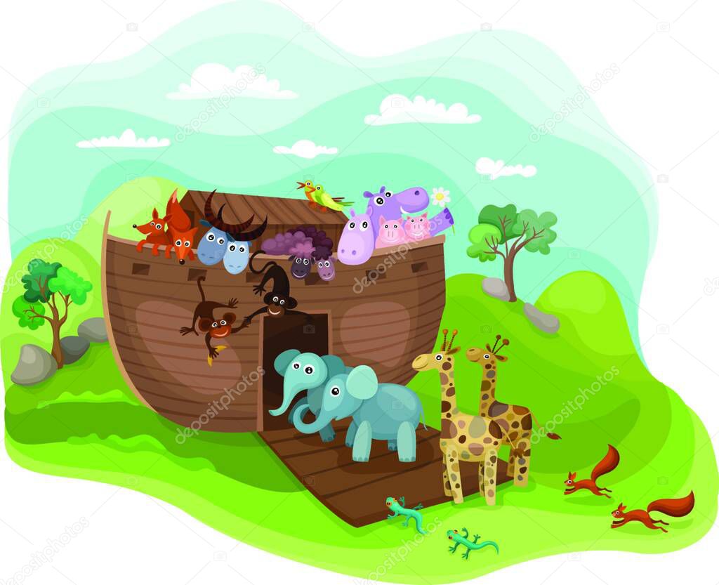 Noahs Arc illustration with funny cute animals