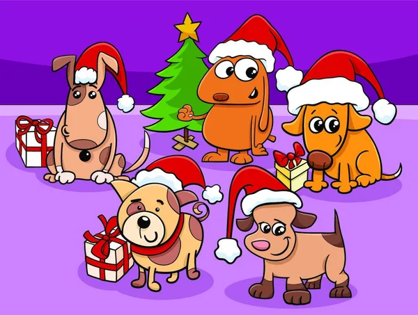 Cartoon Illustration Dogs Puppies Animal Characters Group Christmas Time — стоковий вектор