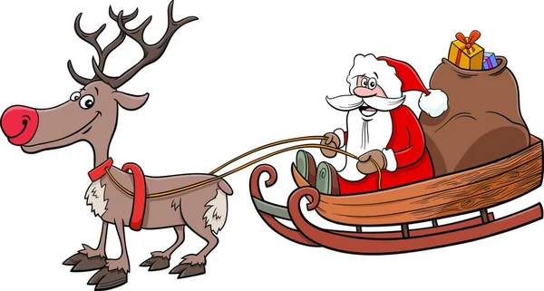 サンタクロースの漫画イラストプレゼントとトナカイの袋とそりのクリスマスキャラクター — ストックベクタ