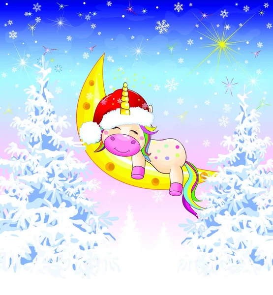 Une Petite Licorne Vêtue Chapeau Père Noël Dort Sur Lune — Image vectorielle