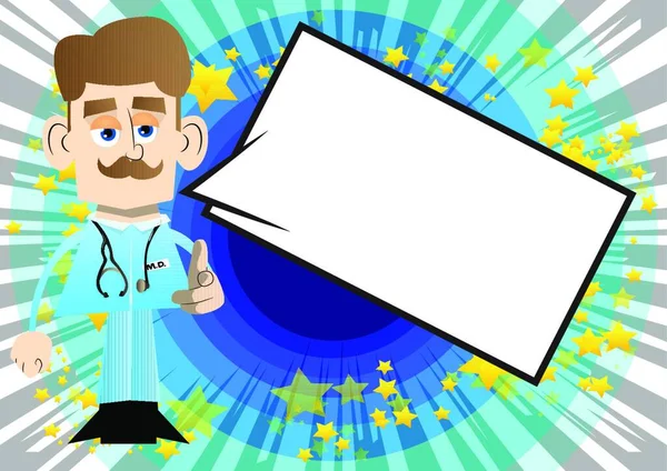 Grappige Tekenfilmdokter Die Naar Kijker Wijst Met Zijn Hand Vectorillustratie — Stockvector