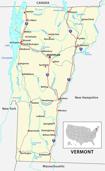 アメリカのバーモント州の道路地図 — ストックベクタ