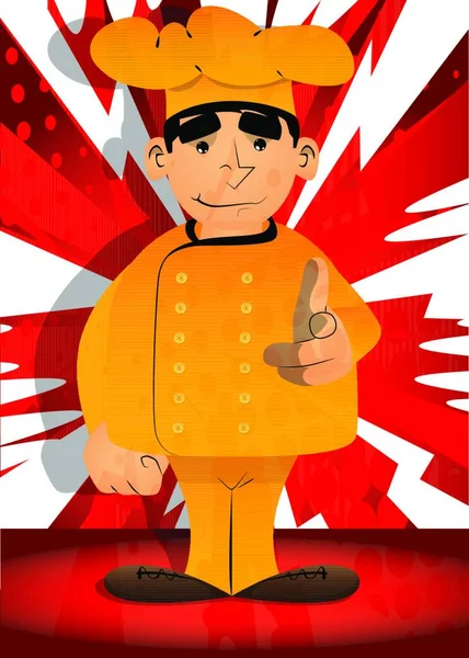 Fat Chef Cartoon Masculino Uniforme Apontando Para Espectador Com Mão — Vetor de Stock