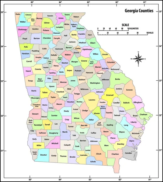 Estado Georgia Esbozar Mapa Vectorial Administrativo Político Color — Vector de stock