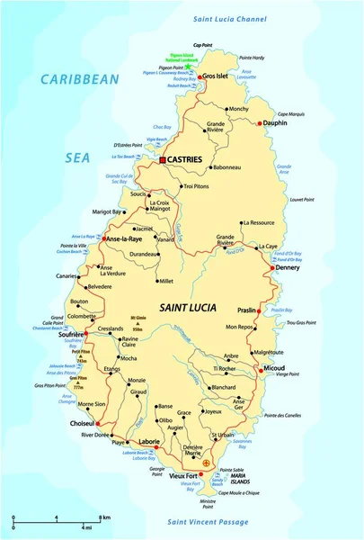 Road Vector Map West Indian Island State Saint Lucia — Stockový vektor