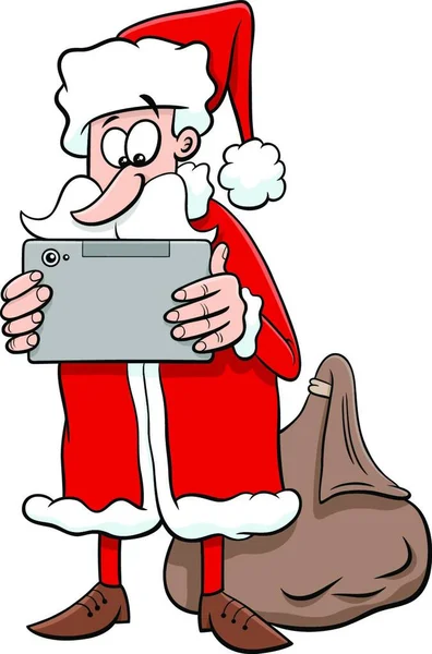 Cartoon Illustration Der Weihnachtsmannfigur Mit Tablet Zur Weihnachtszeit — Stockvektor