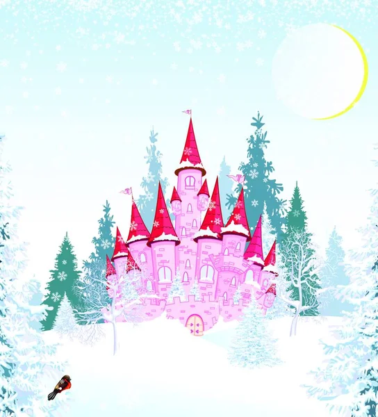 Castillo Princesa Rosa Dibujos Animados Fondo Bosque Cubierto Nieve Invierno — Archivo Imágenes Vectoriales