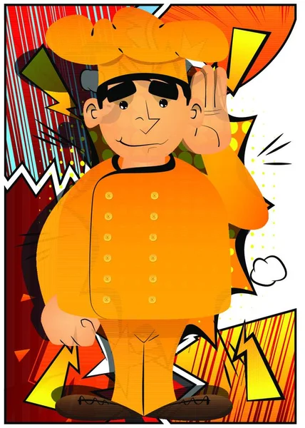 Fat Chef Desenhos Animados Masculino Uniforme Mantém Mão Sua Orelha — Vetor de Stock