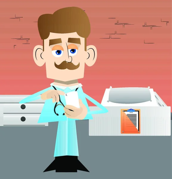 Αστεία Γιατρός Κινουμένων Σχεδίων Χρησιμοποιώντας Ένα Κινητό Τηλέφωνο Εικονογράφηση Διανύσματος — Διανυσματικό Αρχείο