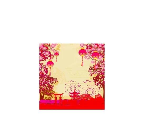 Японский Стиль Красно Белая Карточка Цветочным Узором — стоковый вектор