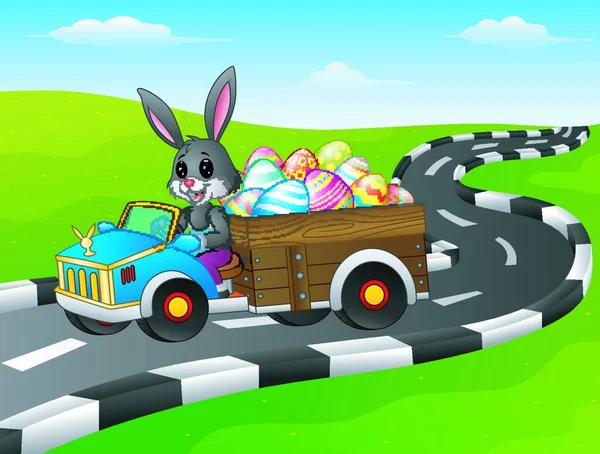 Ilustracja Wektorowa Easter Bunny Jazdy Samochodów Przewożących Pisanki Drodze — Wektor stockowy