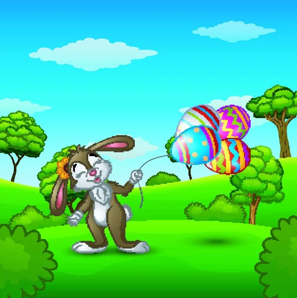 Vektorové Ilustrace Velikonočního Zajíčka Drží Velikonoční Vejce Bubliny Parku — Stockový vektor