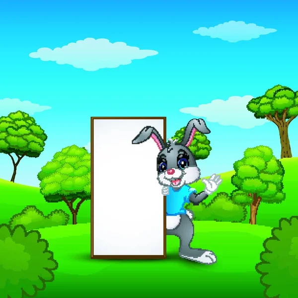 Vektorové Ilustrace Kreslené Bunny Mávat Rukou Prázdný Znakem Parku — Stockový vektor