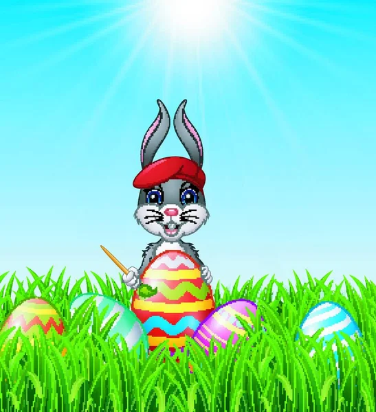 Conejo Pascua Pintura Huevos Pascua Fondo Hierba — Vector de stock